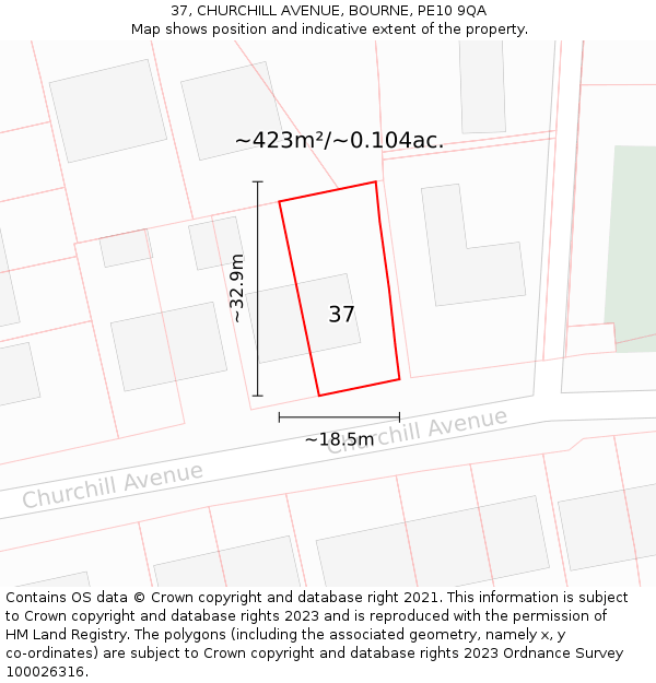 37, CHURCHILL AVENUE, BOURNE, PE10 9QA: Plot and title map