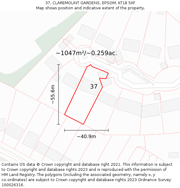 37, CLAREMOUNT GARDENS, EPSOM, KT18 5XF: Plot and title map