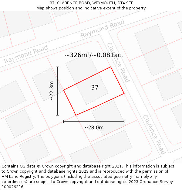 37, CLARENCE ROAD, WEYMOUTH, DT4 9EF: Plot and title map