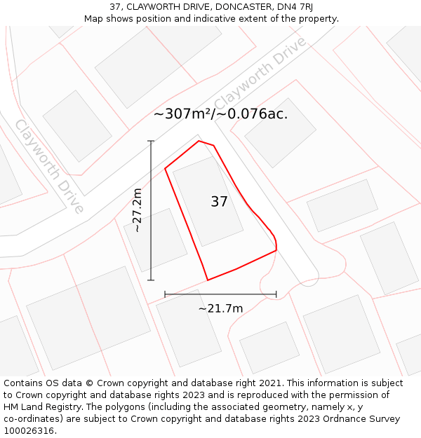 37, CLAYWORTH DRIVE, DONCASTER, DN4 7RJ: Plot and title map