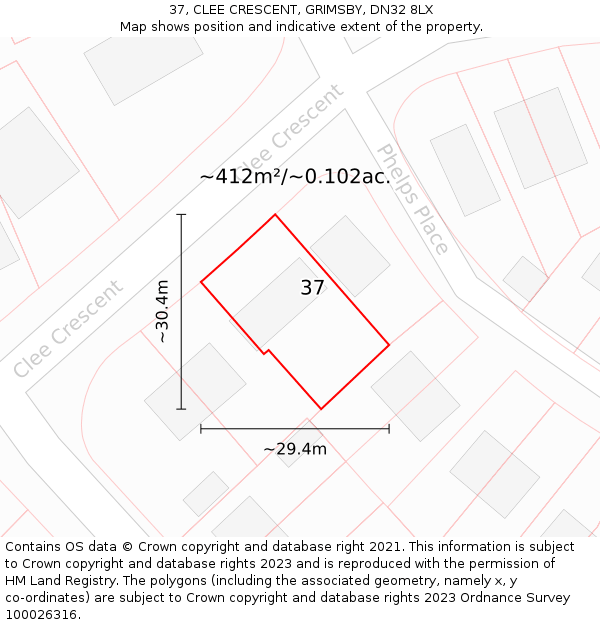 37, CLEE CRESCENT, GRIMSBY, DN32 8LX: Plot and title map