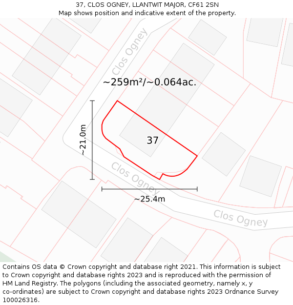 37, CLOS OGNEY, LLANTWIT MAJOR, CF61 2SN: Plot and title map