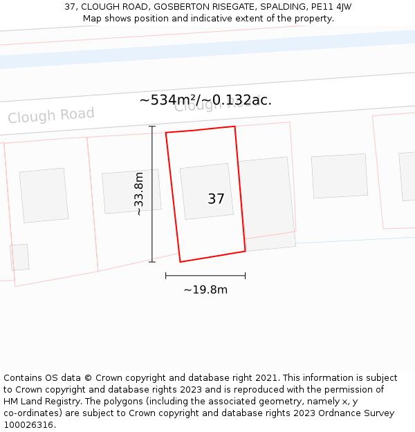 37, CLOUGH ROAD, GOSBERTON RISEGATE, SPALDING, PE11 4JW: Plot and title map