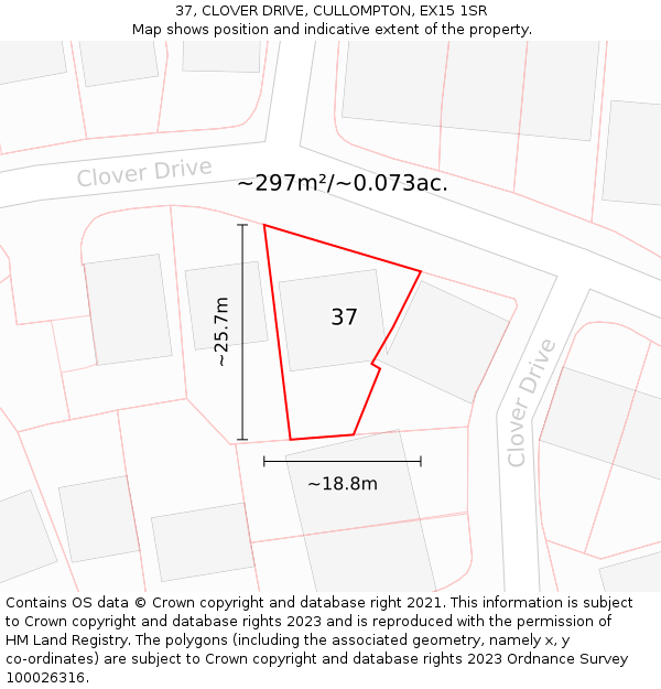 37, CLOVER DRIVE, CULLOMPTON, EX15 1SR: Plot and title map