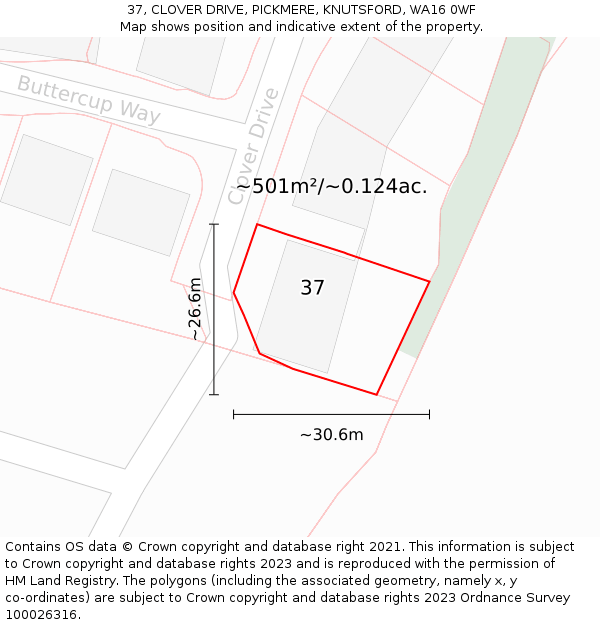 37, CLOVER DRIVE, PICKMERE, KNUTSFORD, WA16 0WF: Plot and title map
