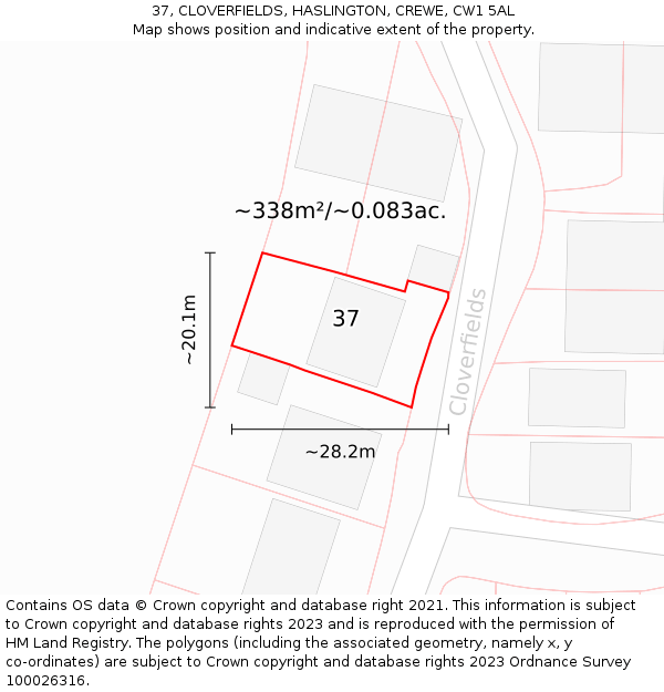 37, CLOVERFIELDS, HASLINGTON, CREWE, CW1 5AL: Plot and title map