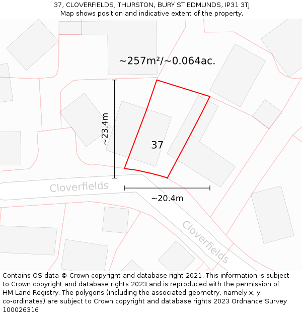 37, CLOVERFIELDS, THURSTON, BURY ST EDMUNDS, IP31 3TJ: Plot and title map