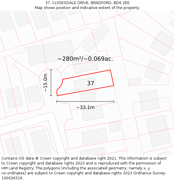37, CLYDESDALE DRIVE, BRADFORD, BD6 2EE: Plot and title map
