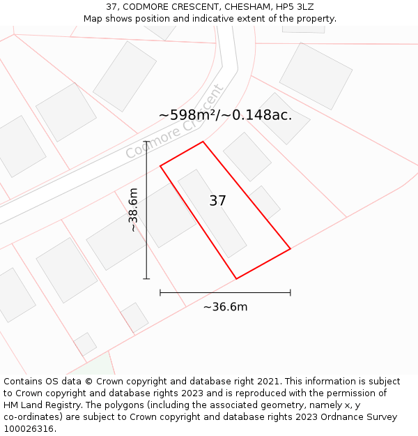 37, CODMORE CRESCENT, CHESHAM, HP5 3LZ: Plot and title map