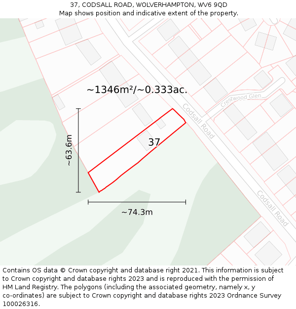 37, CODSALL ROAD, WOLVERHAMPTON, WV6 9QD: Plot and title map