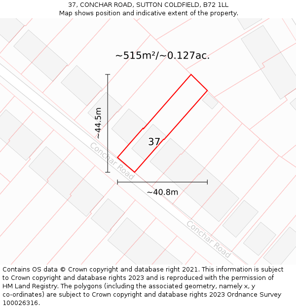 37, CONCHAR ROAD, SUTTON COLDFIELD, B72 1LL: Plot and title map