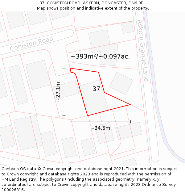 37, CONISTON ROAD, ASKERN, DONCASTER, DN6 0EH: Plot and title map