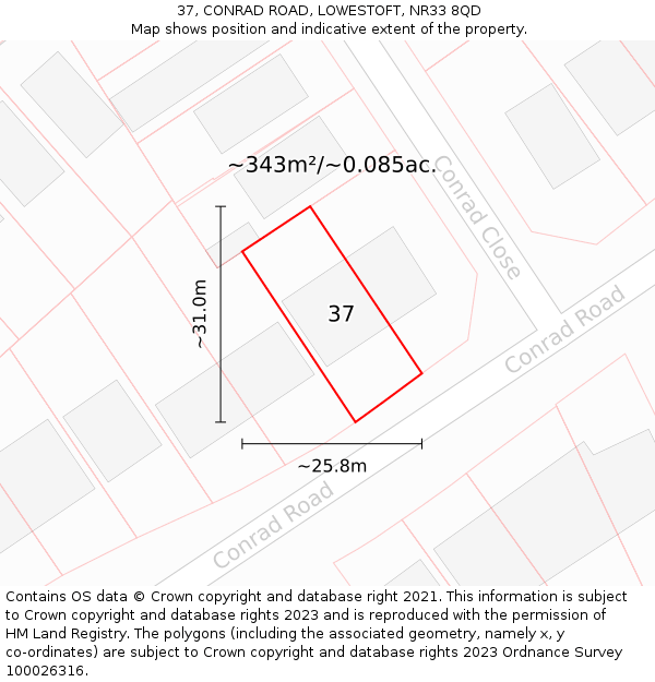 37, CONRAD ROAD, LOWESTOFT, NR33 8QD: Plot and title map