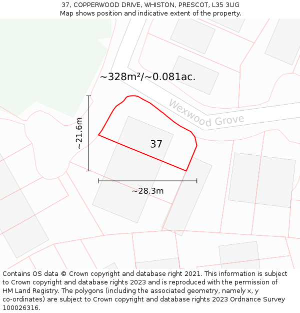 37, COPPERWOOD DRIVE, WHISTON, PRESCOT, L35 3UG: Plot and title map