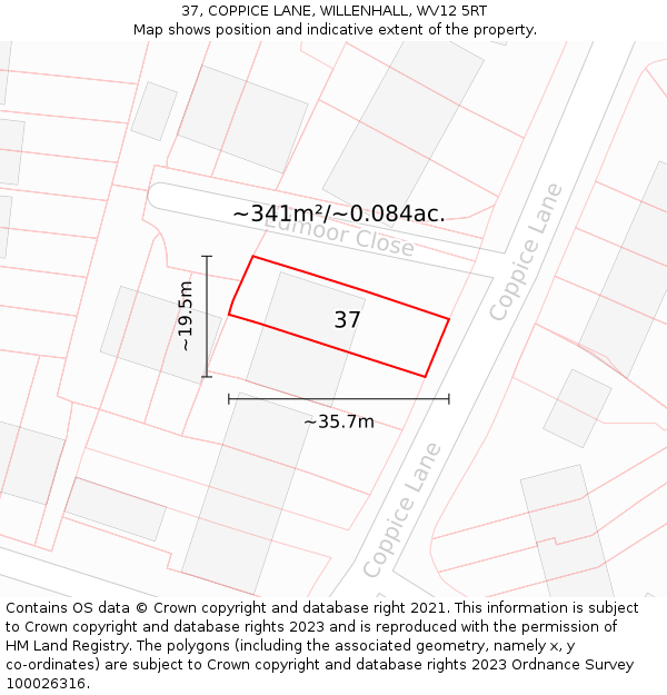 37, COPPICE LANE, WILLENHALL, WV12 5RT: Plot and title map