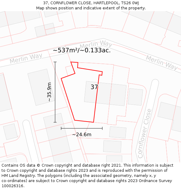 37, CORNFLOWER CLOSE, HARTLEPOOL, TS26 0WJ: Plot and title map