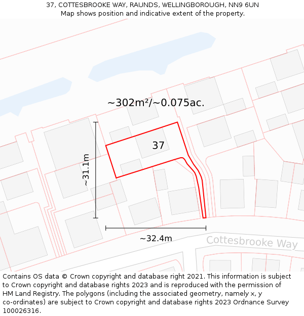 37, COTTESBROOKE WAY, RAUNDS, WELLINGBOROUGH, NN9 6UN: Plot and title map