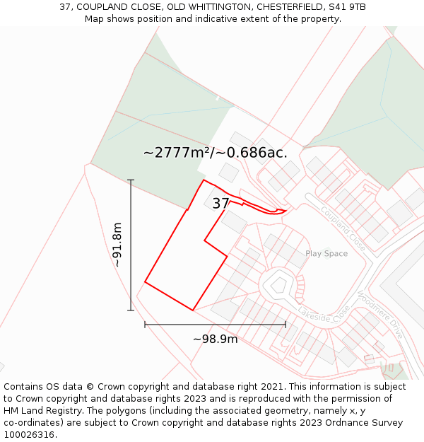 37, COUPLAND CLOSE, OLD WHITTINGTON, CHESTERFIELD, S41 9TB: Plot and title map
