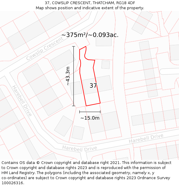 37, COWSLIP CRESCENT, THATCHAM, RG18 4DF: Plot and title map