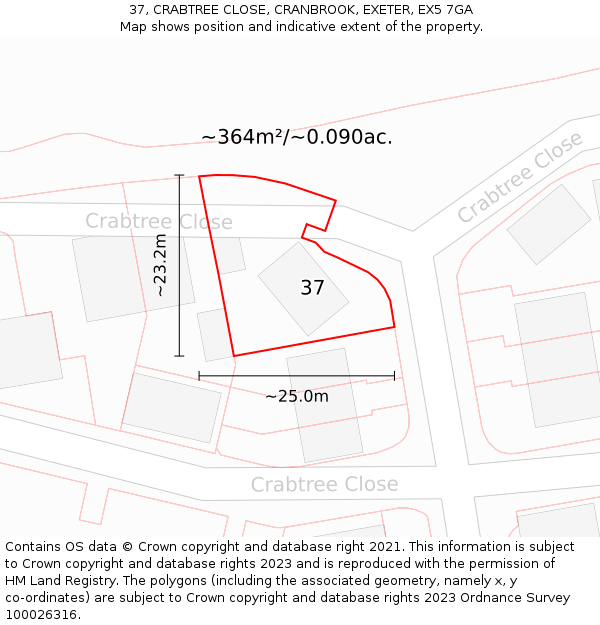 37, CRABTREE CLOSE, CRANBROOK, EXETER, EX5 7GA: Plot and title map