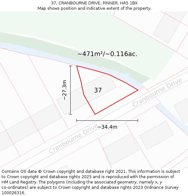 37, CRANBOURNE DRIVE, PINNER, HA5 1BX: Plot and title map