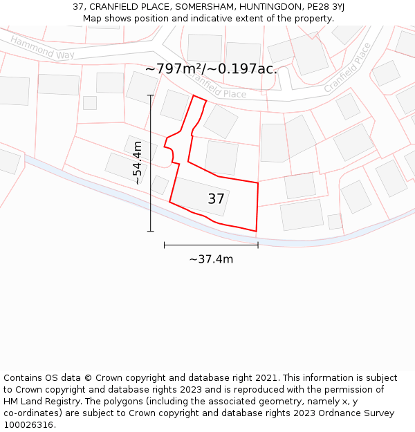 37, CRANFIELD PLACE, SOMERSHAM, HUNTINGDON, PE28 3YJ: Plot and title map