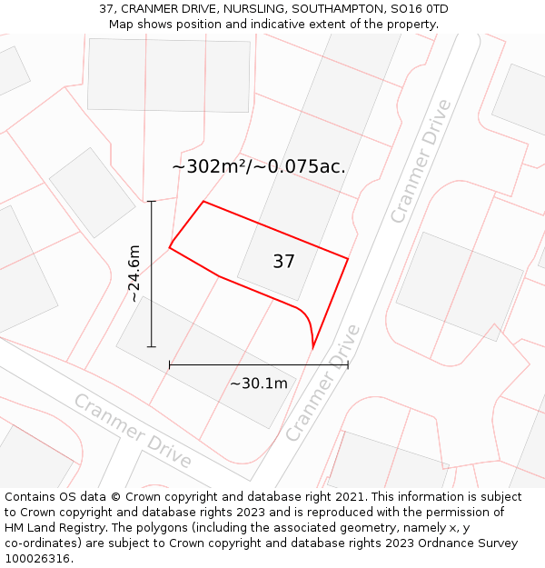37, CRANMER DRIVE, NURSLING, SOUTHAMPTON, SO16 0TD: Plot and title map