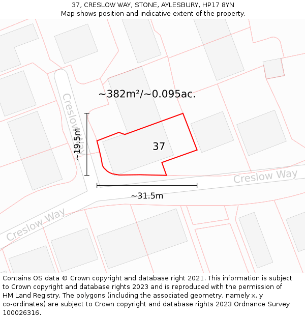 37, CRESLOW WAY, STONE, AYLESBURY, HP17 8YN: Plot and title map