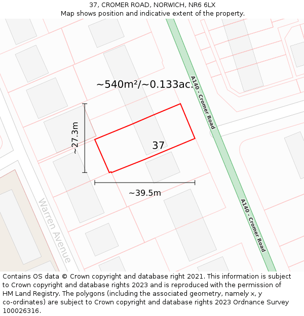 37, CROMER ROAD, NORWICH, NR6 6LX: Plot and title map
