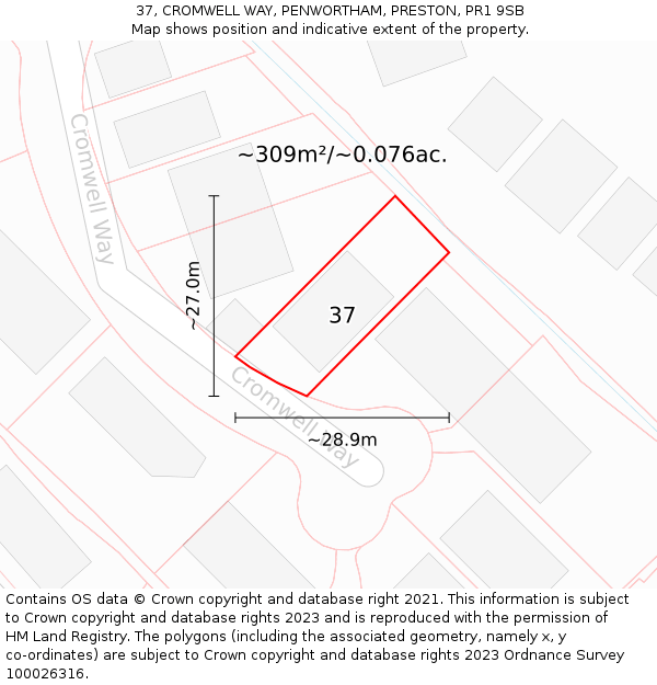 37, CROMWELL WAY, PENWORTHAM, PRESTON, PR1 9SB: Plot and title map