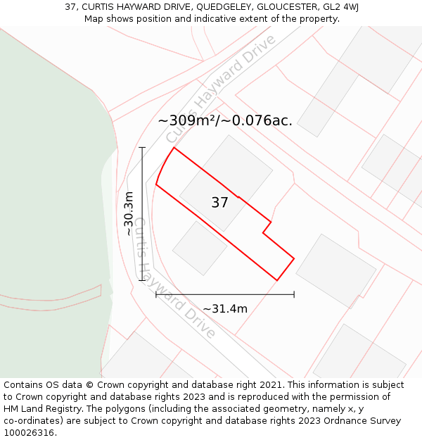 37, CURTIS HAYWARD DRIVE, QUEDGELEY, GLOUCESTER, GL2 4WJ: Plot and title map