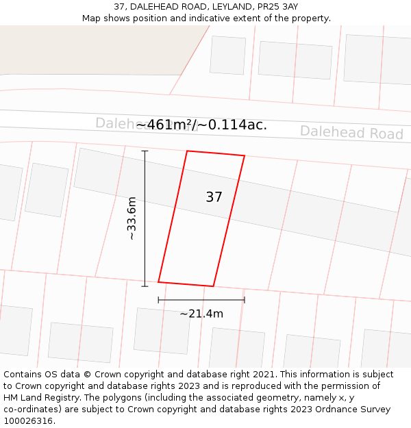 37, DALEHEAD ROAD, LEYLAND, PR25 3AY: Plot and title map