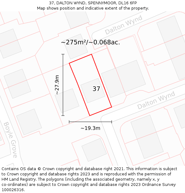 37, DALTON WYND, SPENNYMOOR, DL16 6FP: Plot and title map