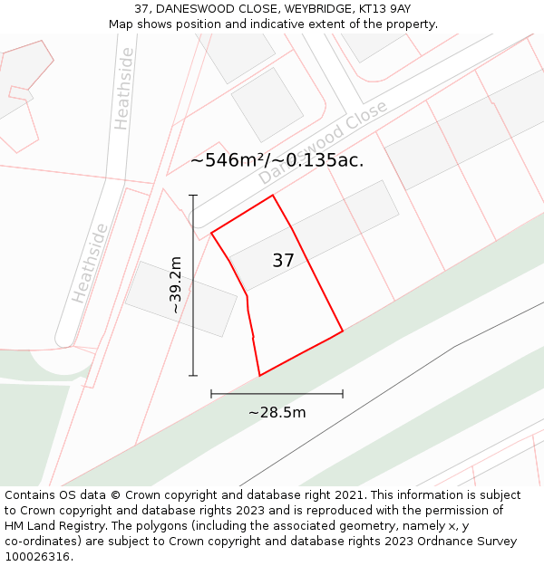 37, DANESWOOD CLOSE, WEYBRIDGE, KT13 9AY: Plot and title map