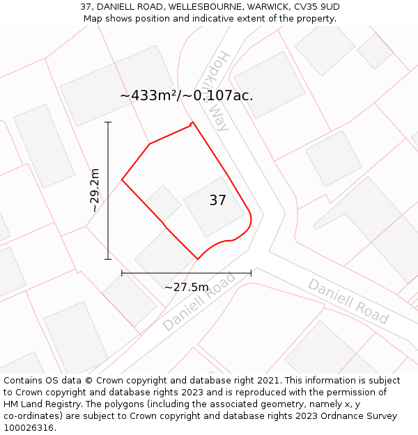 37, DANIELL ROAD, WELLESBOURNE, WARWICK, CV35 9UD: Plot and title map