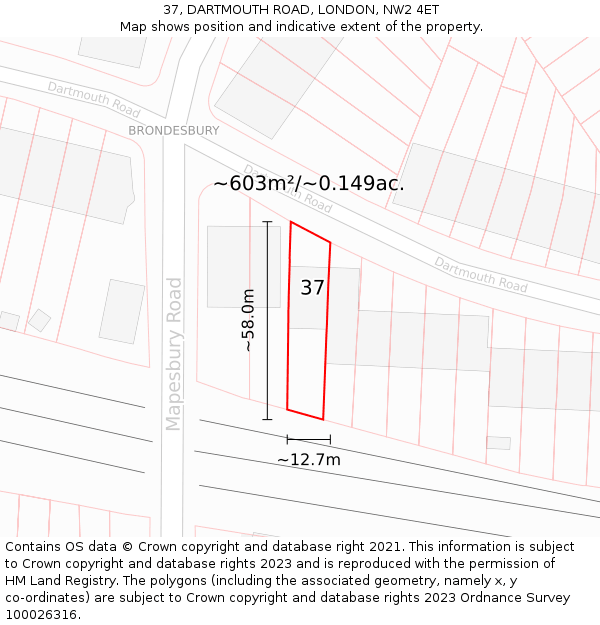 37, DARTMOUTH ROAD, LONDON, NW2 4ET: Plot and title map