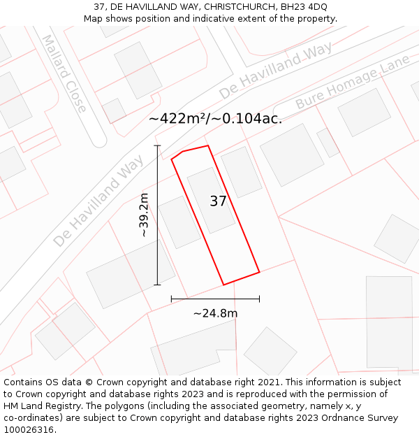 37, DE HAVILLAND WAY, CHRISTCHURCH, BH23 4DQ: Plot and title map
