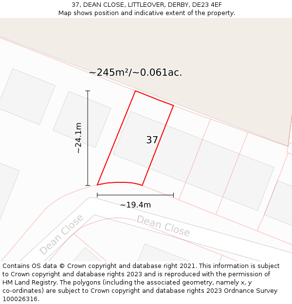 37, DEAN CLOSE, LITTLEOVER, DERBY, DE23 4EF: Plot and title map