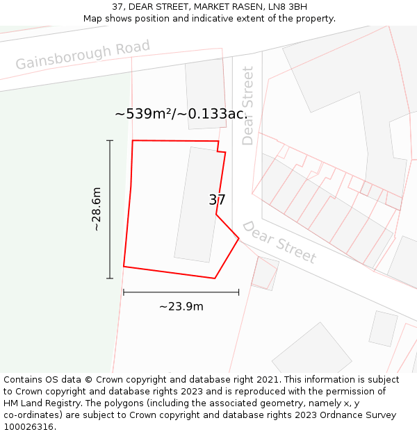 37, DEAR STREET, MARKET RASEN, LN8 3BH: Plot and title map