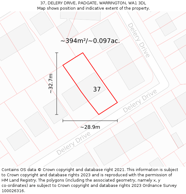 37, DELERY DRIVE, PADGATE, WARRINGTON, WA1 3DL: Plot and title map