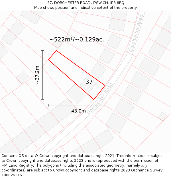 37, DORCHESTER ROAD, IPSWICH, IP3 8RQ: Plot and title map
