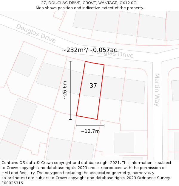 37, DOUGLAS DRIVE, GROVE, WANTAGE, OX12 0GL: Plot and title map