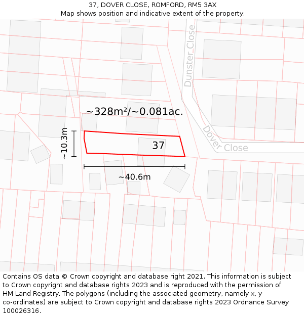 37, DOVER CLOSE, ROMFORD, RM5 3AX: Plot and title map