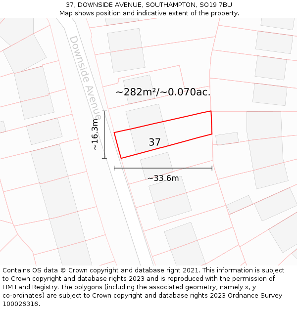 37, DOWNSIDE AVENUE, SOUTHAMPTON, SO19 7BU: Plot and title map