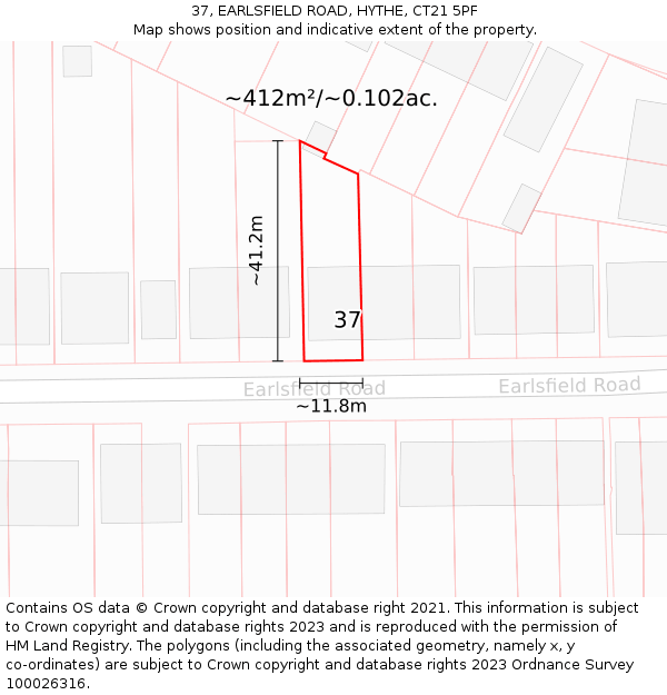 37, EARLSFIELD ROAD, HYTHE, CT21 5PF: Plot and title map