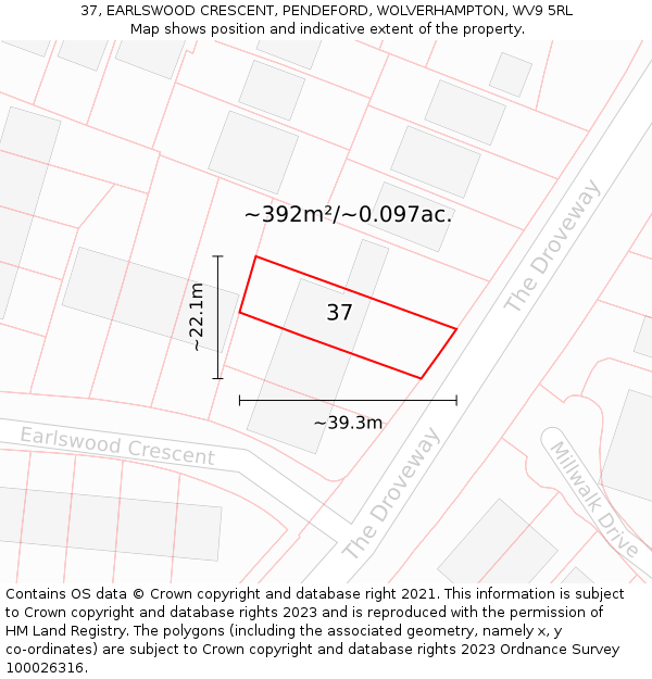 37, EARLSWOOD CRESCENT, PENDEFORD, WOLVERHAMPTON, WV9 5RL: Plot and title map