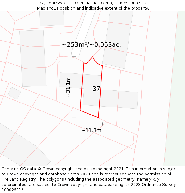 37, EARLSWOOD DRIVE, MICKLEOVER, DERBY, DE3 9LN: Plot and title map