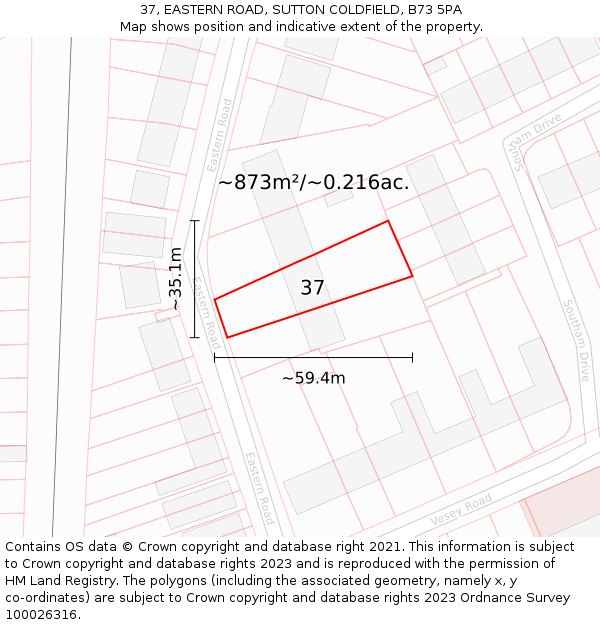 37, EASTERN ROAD, SUTTON COLDFIELD, B73 5PA: Plot and title map