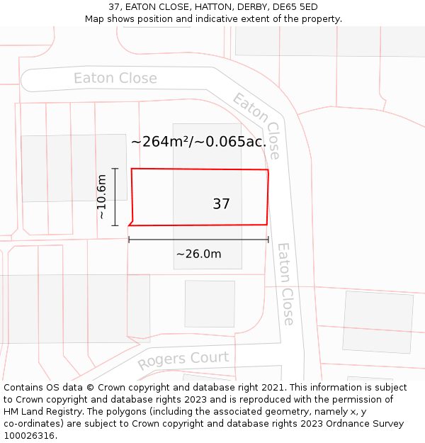 37, EATON CLOSE, HATTON, DERBY, DE65 5ED: Plot and title map