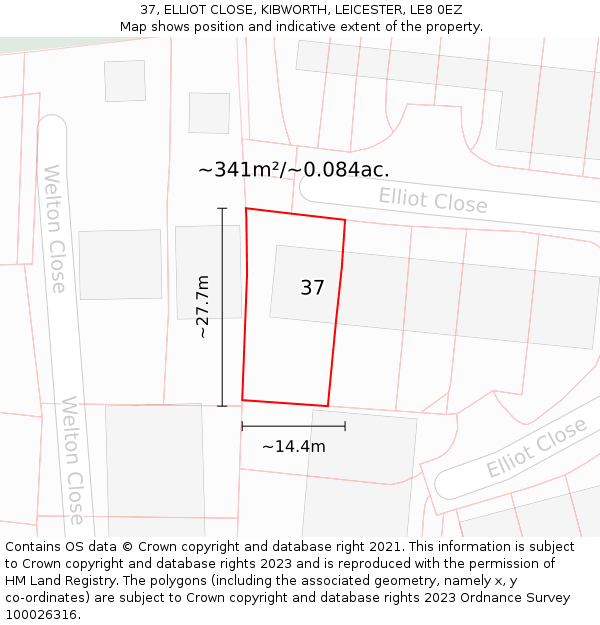 37, ELLIOT CLOSE, KIBWORTH, LEICESTER, LE8 0EZ: Plot and title map